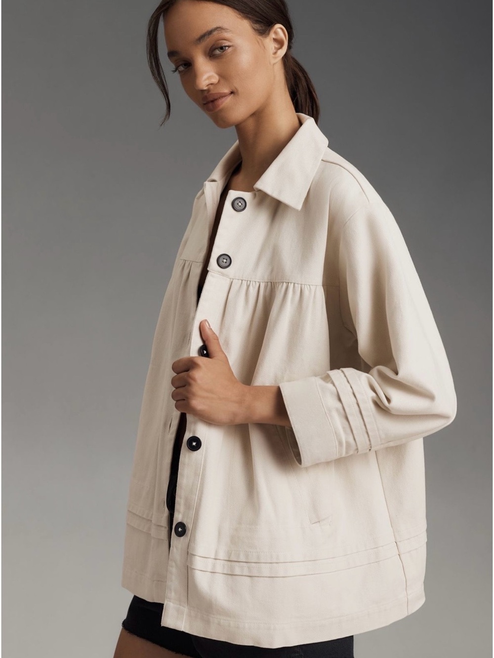 Maeve Cream Collared swing Jacket with Button Front
